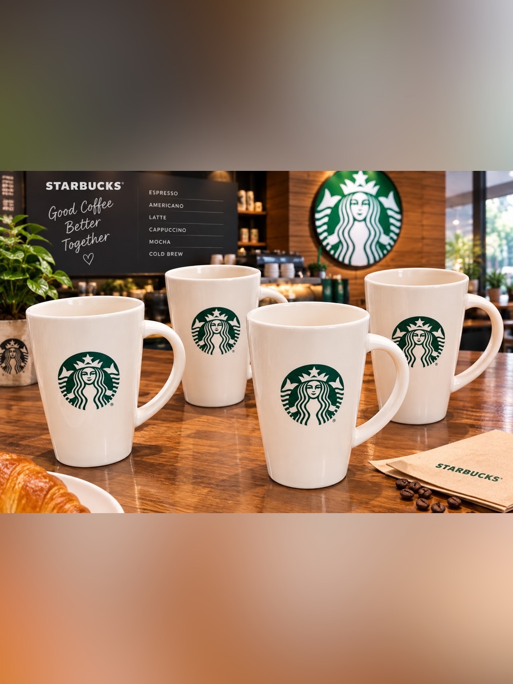 Starbucks White Ceramic Mugs with Green Logo Set